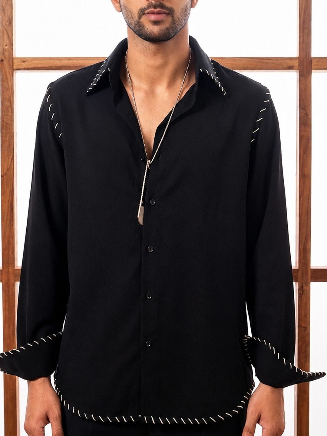 House Of Rohit Doshi Men Black Embroidered Slim Fit Shirt
