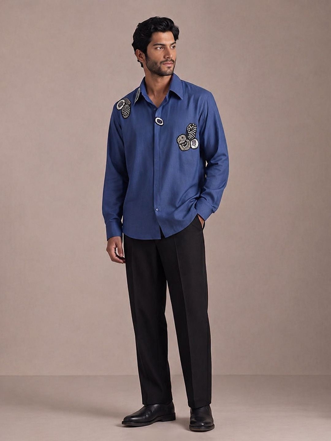 House Of Rohit Doshi Men Blue Embroidered Slim Fit Shirt