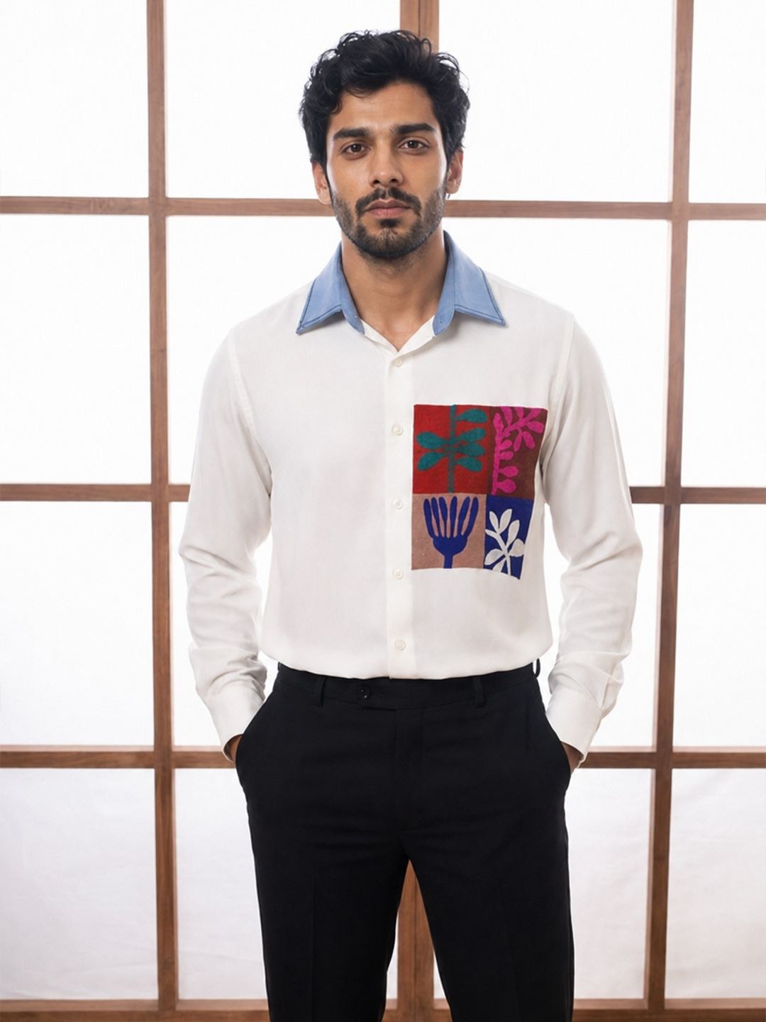 House Of Rohit Doshi Men White Embroidered Slim Fit Shirt