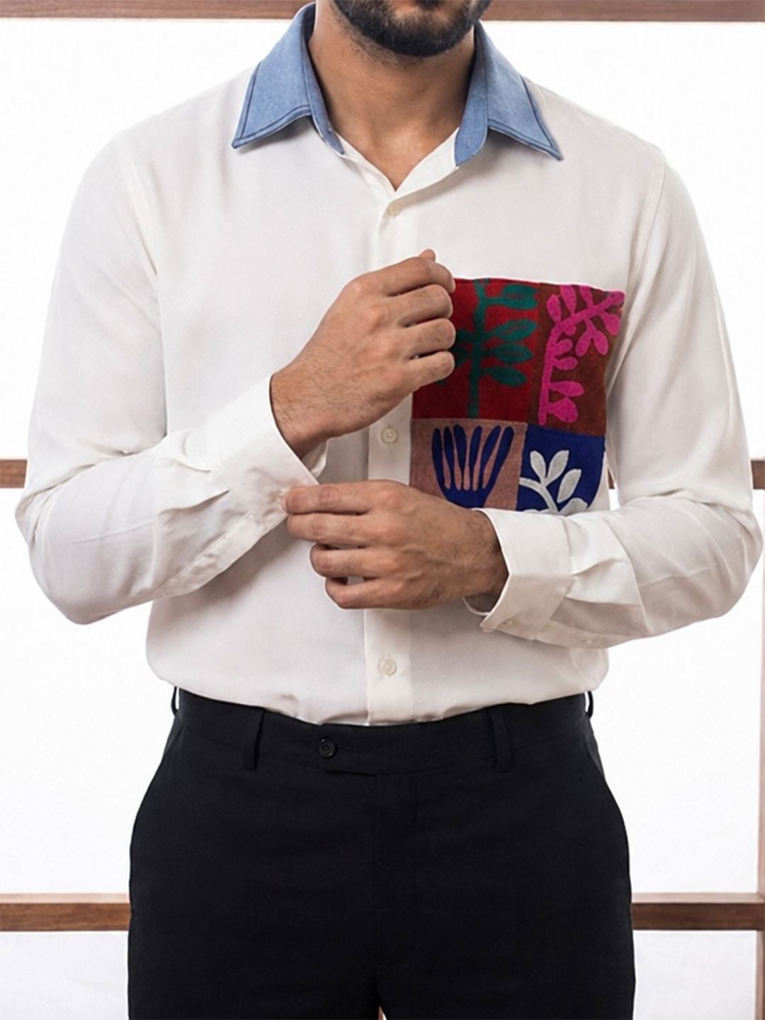 House Of Rohit Doshi Men White Embroidered Slim Fit Shirt