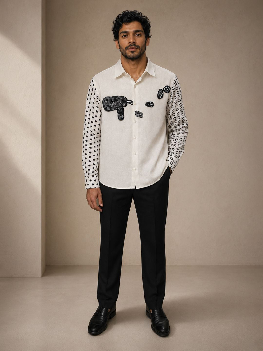 House Of Rohit Doshi Men Off White Embroidered Slim Fit Shirt