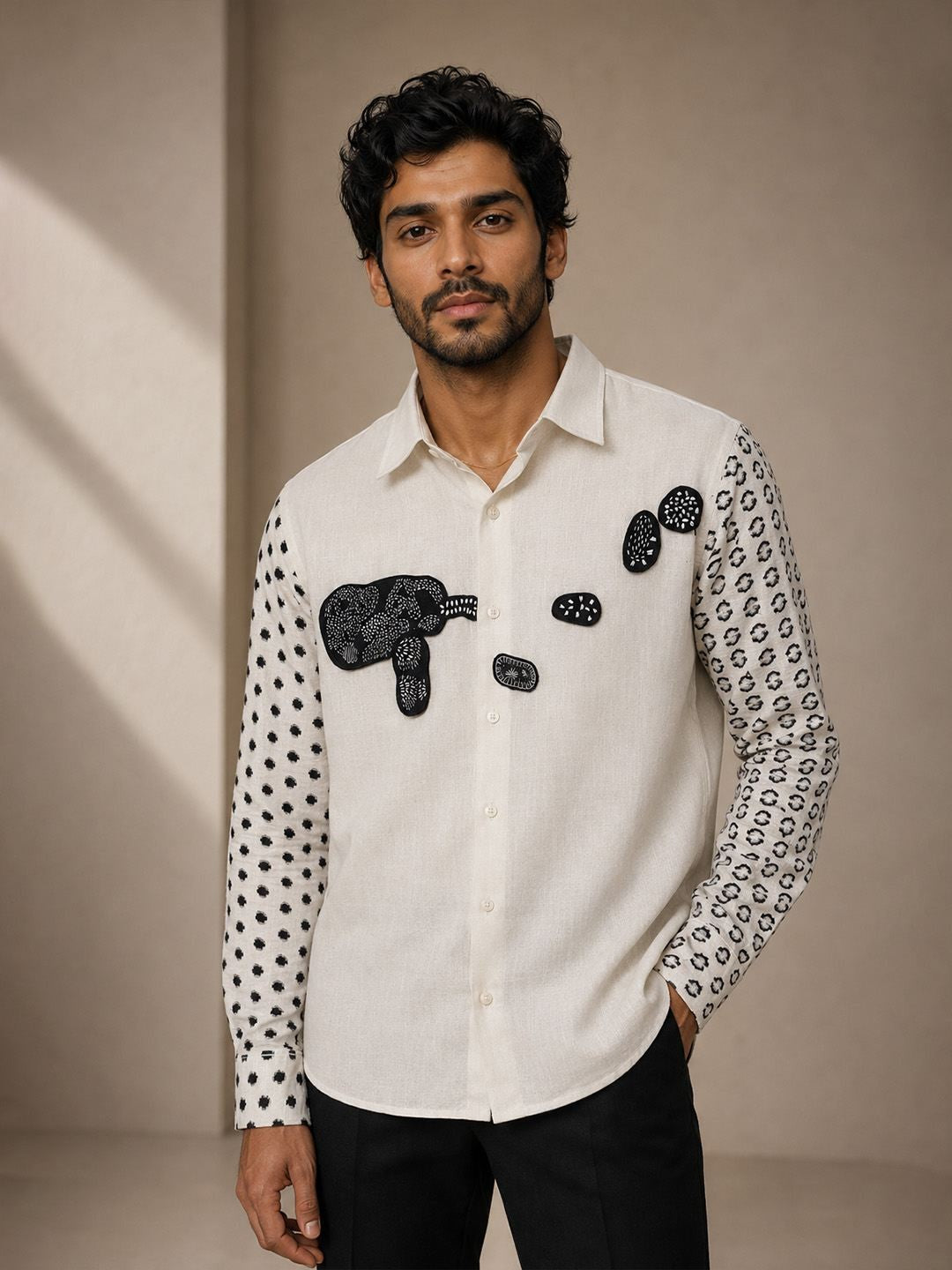 House Of Rohit Doshi Men Off White Embroidered Slim Fit Shirt