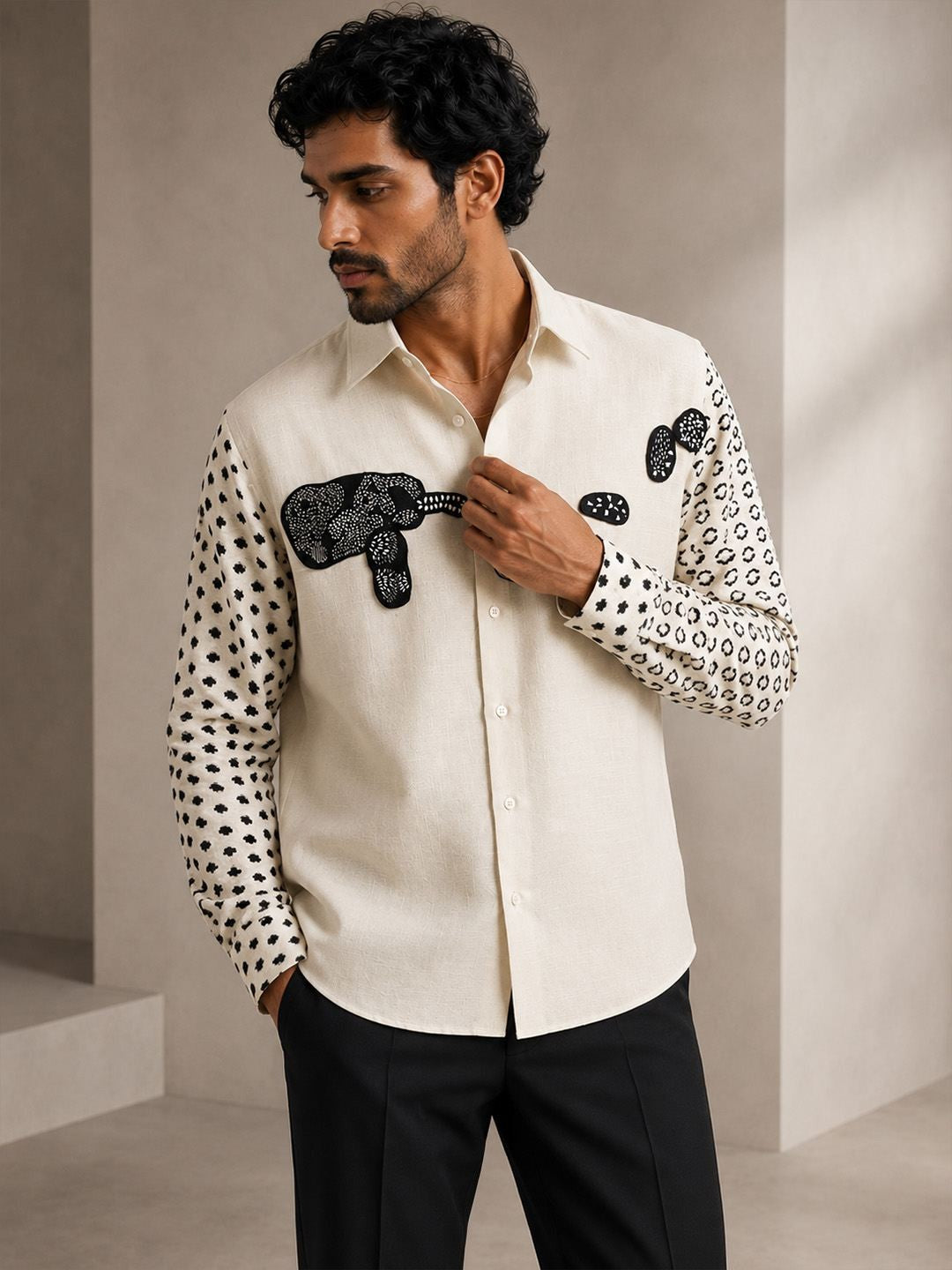 House Of Rohit Doshi Men Off White Embroidered Slim Fit Shirt