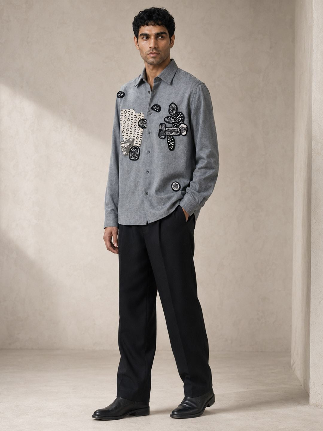 House Of Rohit Doshi Men Light Grey Embroidered Slim Fit Shirt