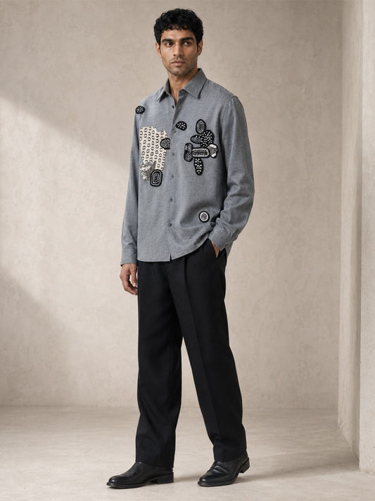 House Of Rohit Doshi Men Light Grey Embroidered Slim Fit Shirt