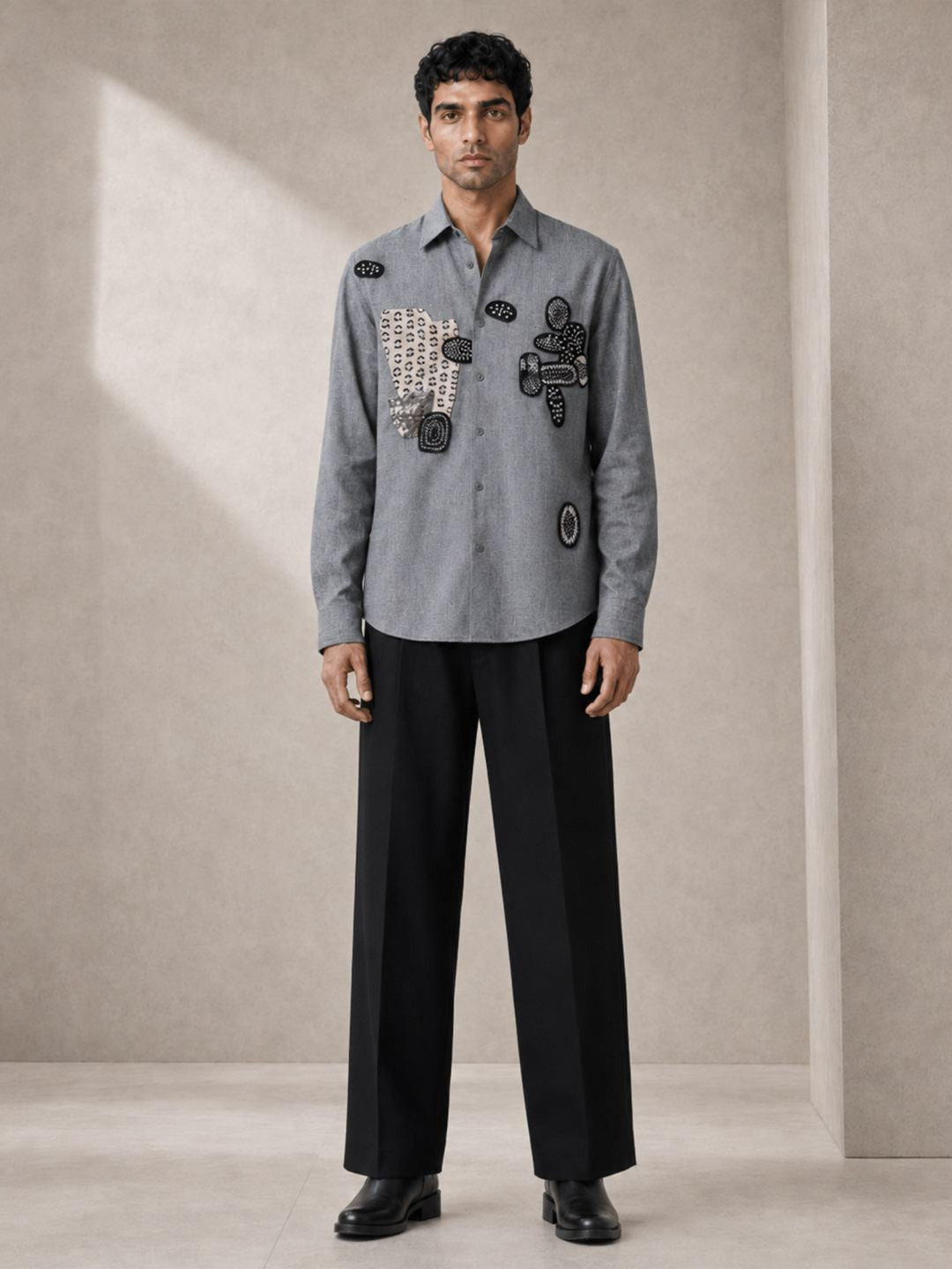 House Of Rohit Doshi Men Light Grey Embroidered Slim Fit Shirt