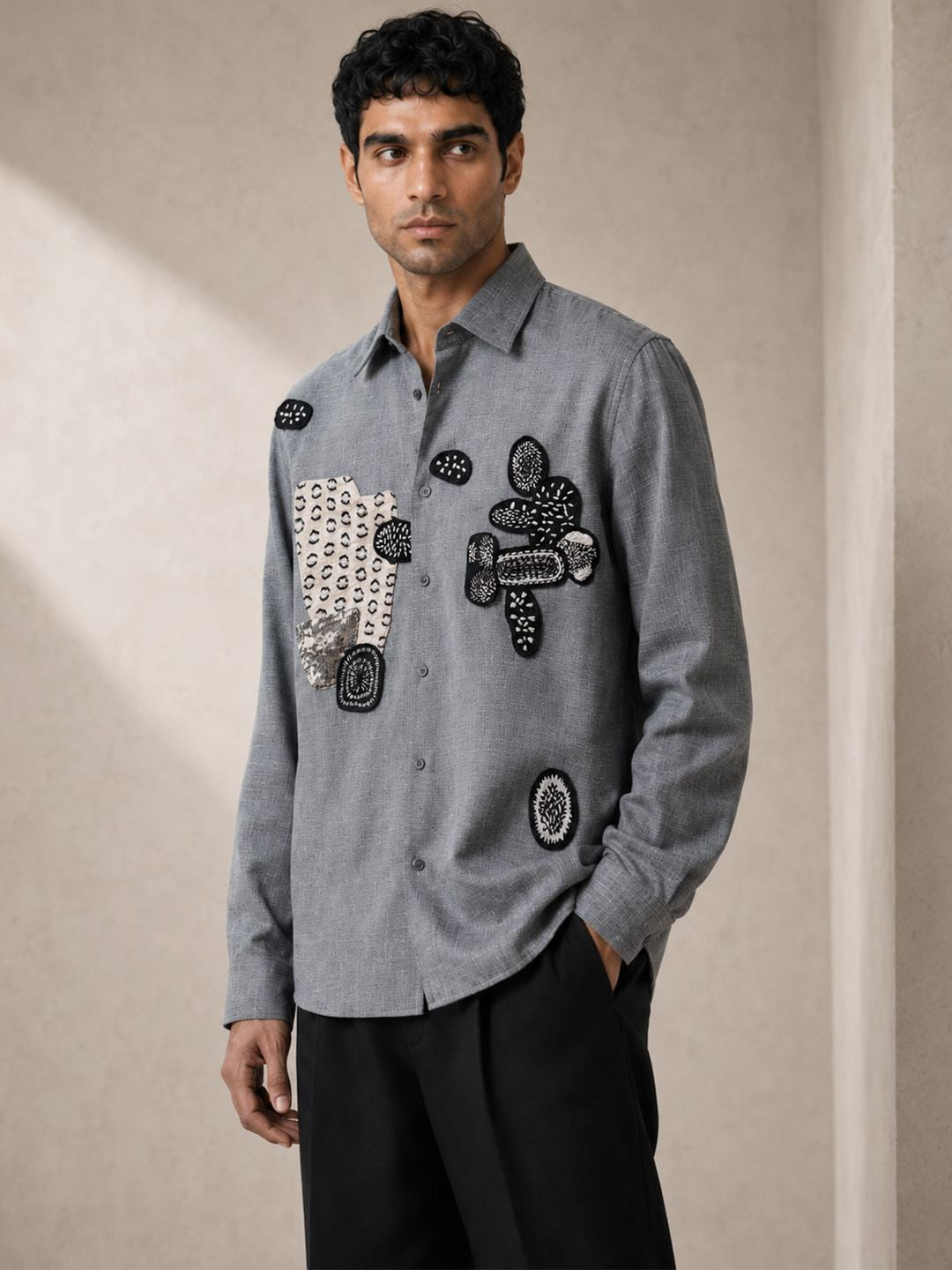 House Of Rohit Doshi Men Light Grey Embroidered Slim Fit Shirt