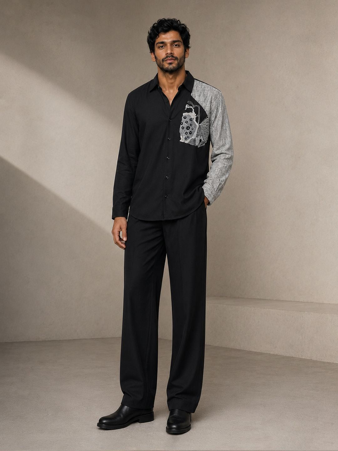 House Of Rohit Doshi Men Black Embroidered Slim Fit Shirt