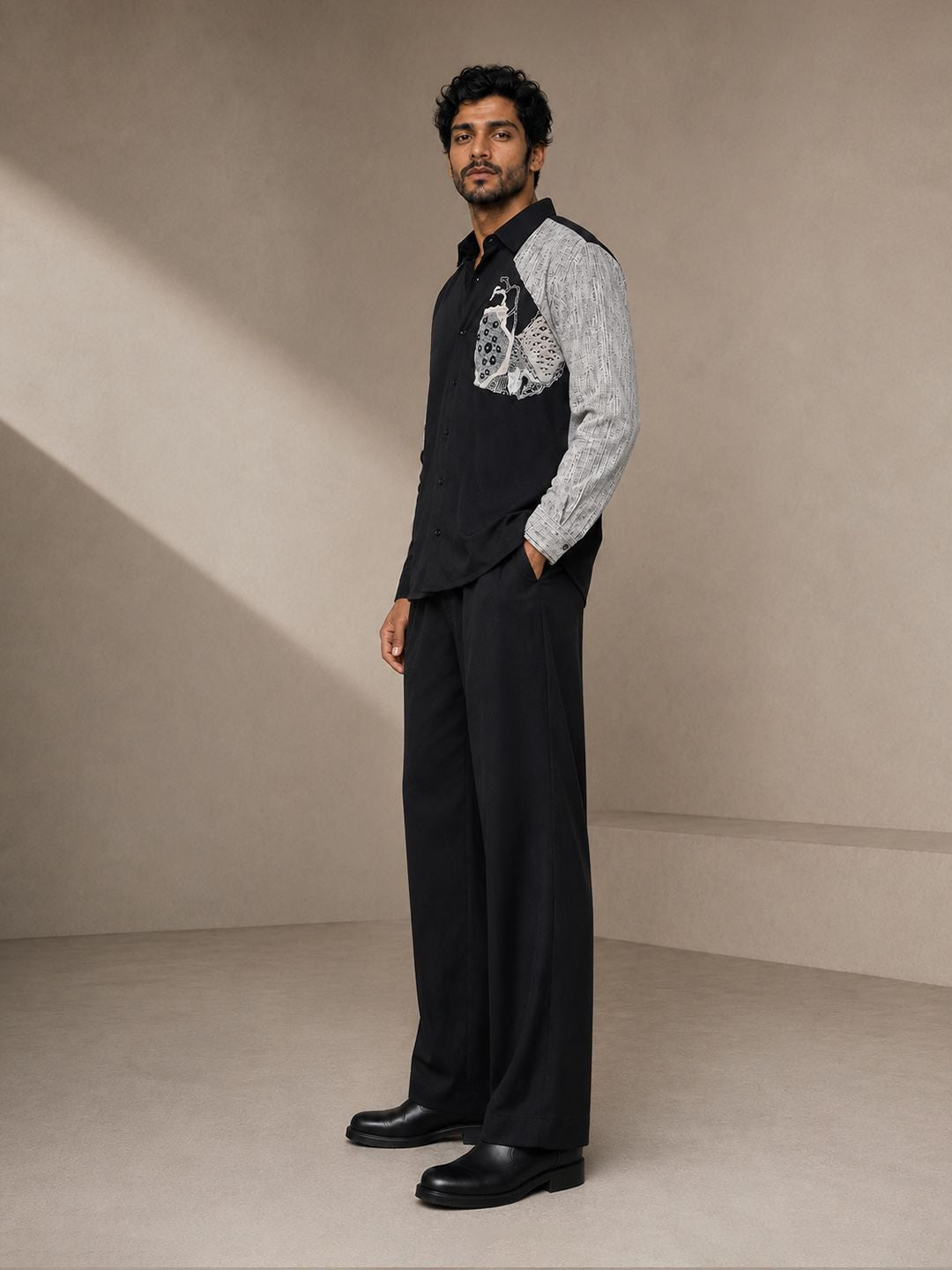 House Of Rohit Doshi Men Black Embroidered Slim Fit Shirt