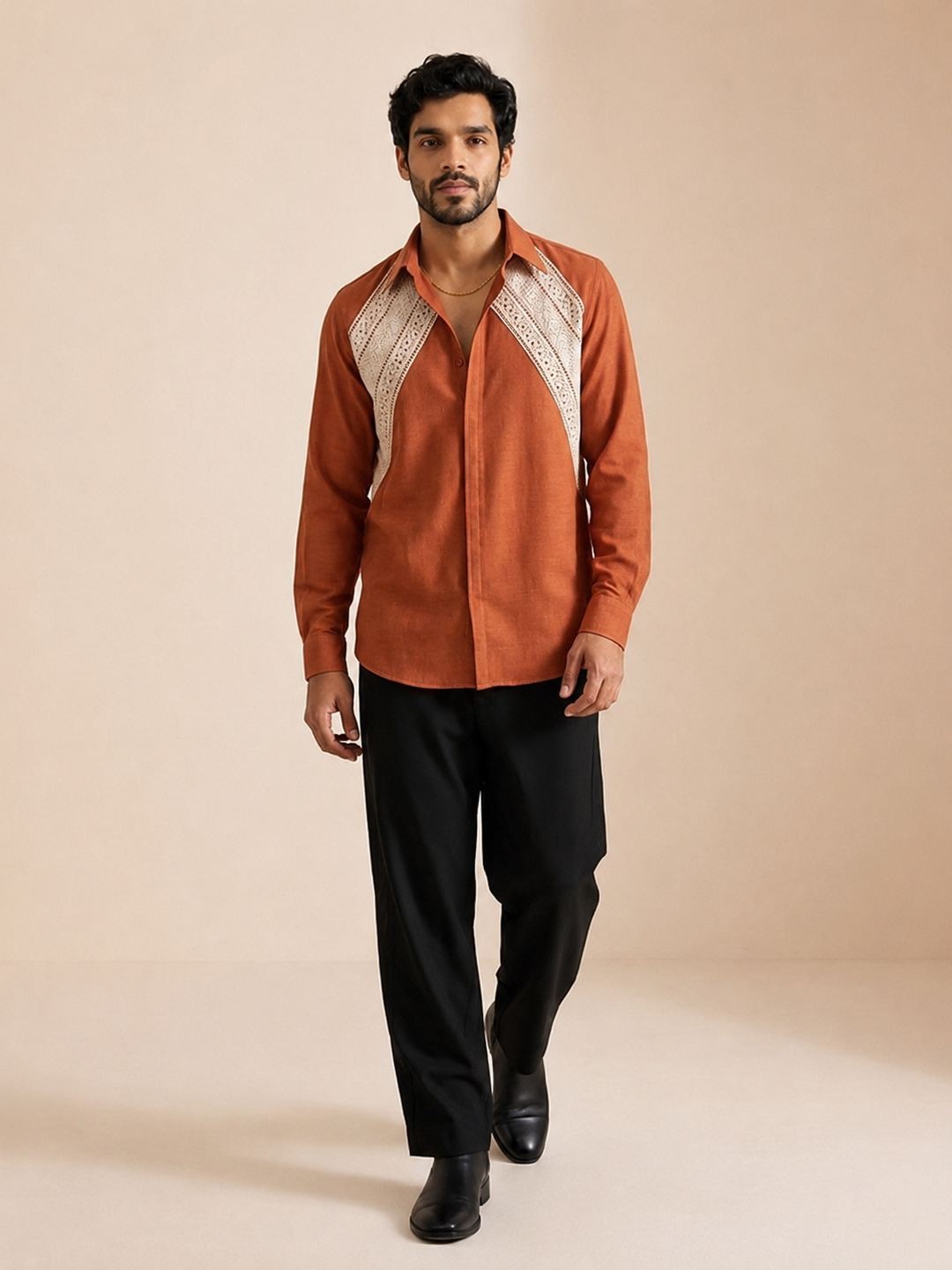 House Of Rohit Doshi Men Orange Embroidered Slim Fit Shirt