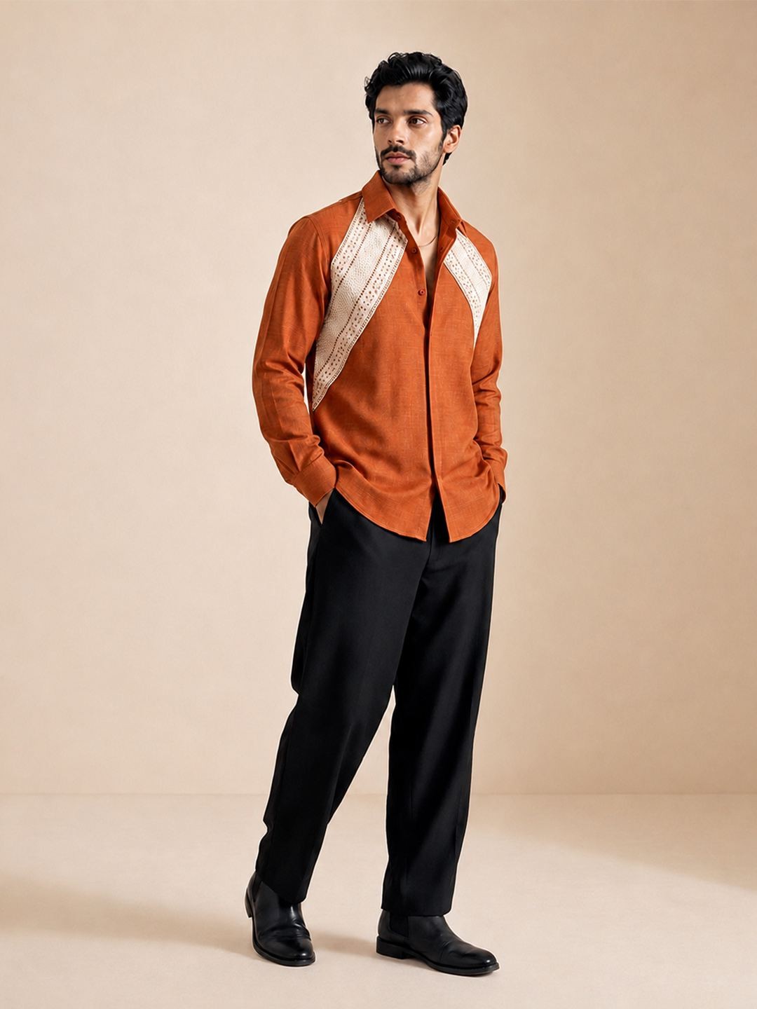 House Of Rohit Doshi Men Orange Embroidered Slim Fit Shirt