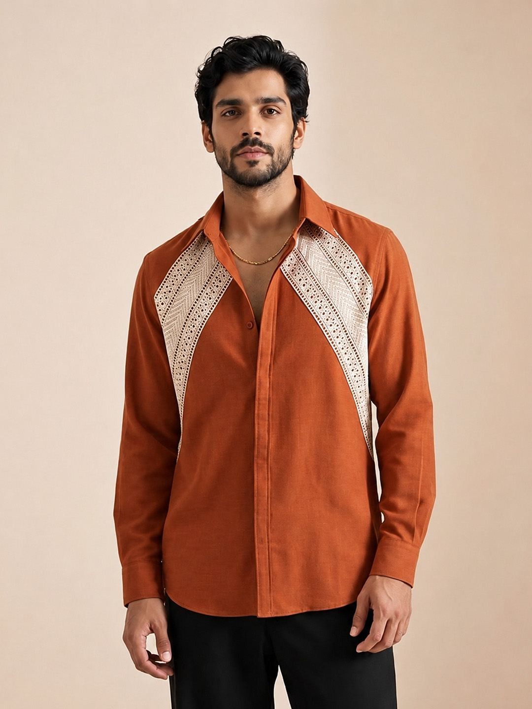 House Of Rohit Doshi Men Orange Embroidered Slim Fit Shirt