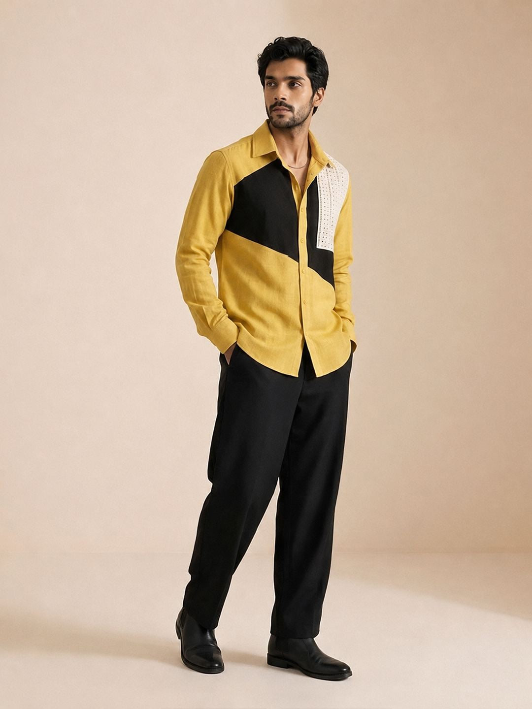 House Of Rohit Doshi Men Yellow Embroidered Slim Fit Shirt