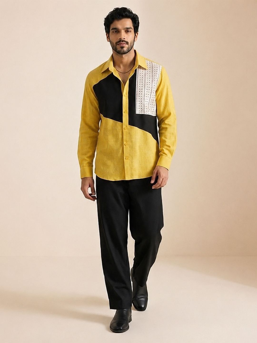 House Of Rohit Doshi Men Yellow Embroidered Slim Fit Shirt