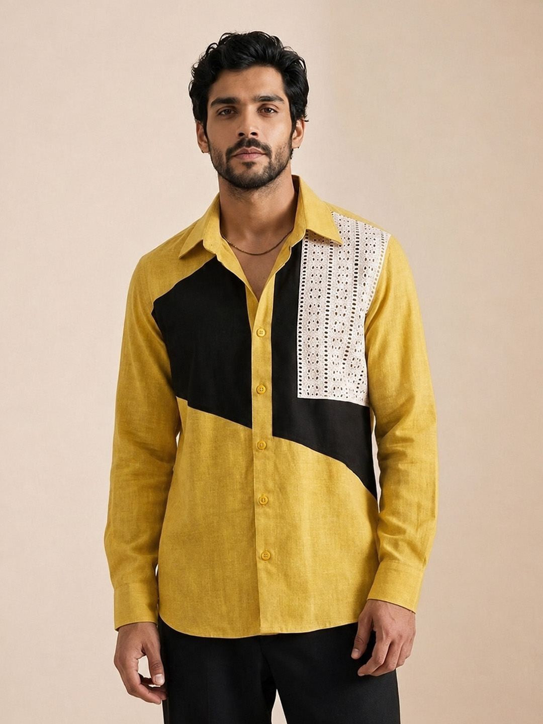 House Of Rohit Doshi Men Yellow Embroidered Slim Fit Shirt