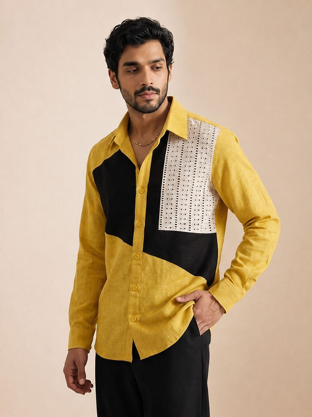 House Of Rohit Doshi Men Yellow Embroidered Slim Fit Shirt
