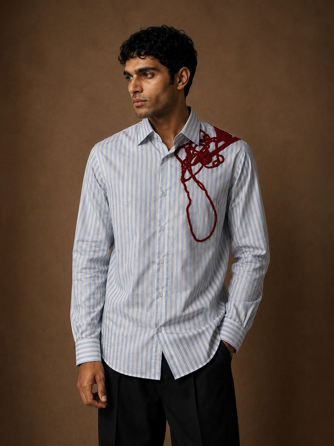 House Of Rohit Doshi Men Light Blue Embroidered Slim Fit Shirt