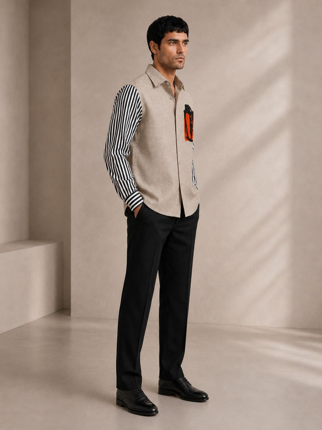 House Of Rohit Doshi Men Beige Embroidered Slim Fit Shirt