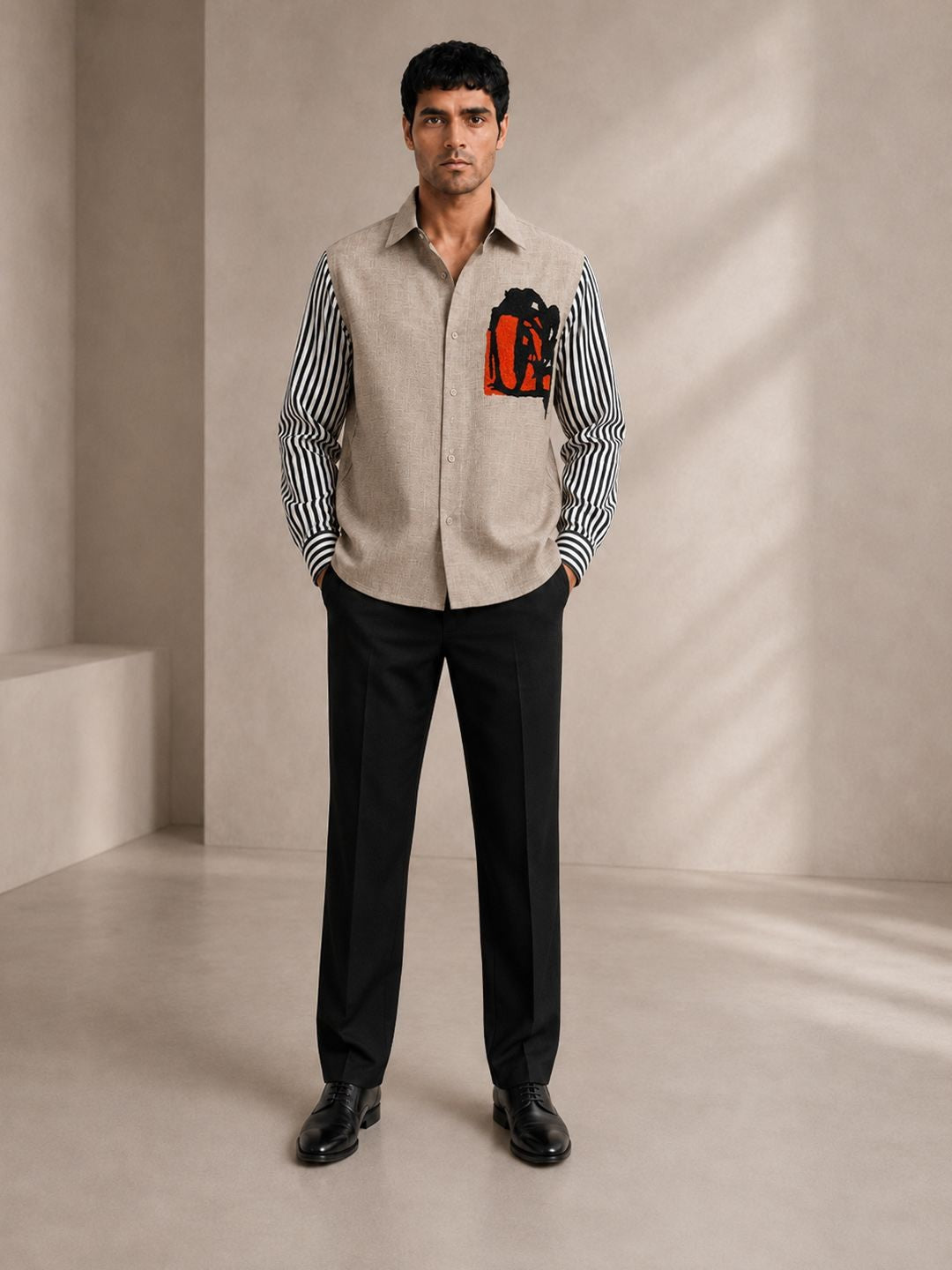 House Of Rohit Doshi Men Beige Embroidered Slim Fit Shirt