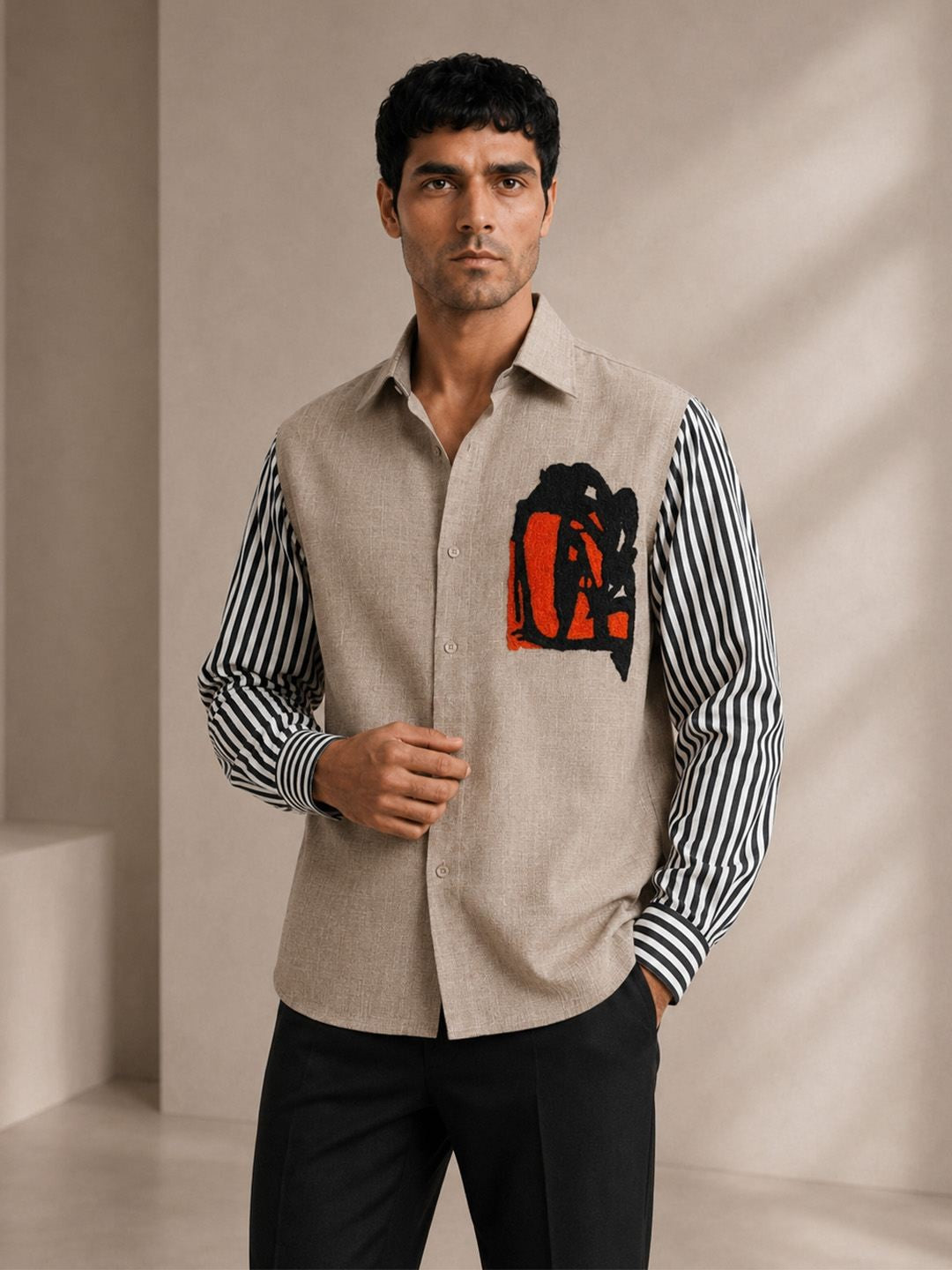 House Of Rohit Doshi Men Beige Embroidered Slim Fit Shirt