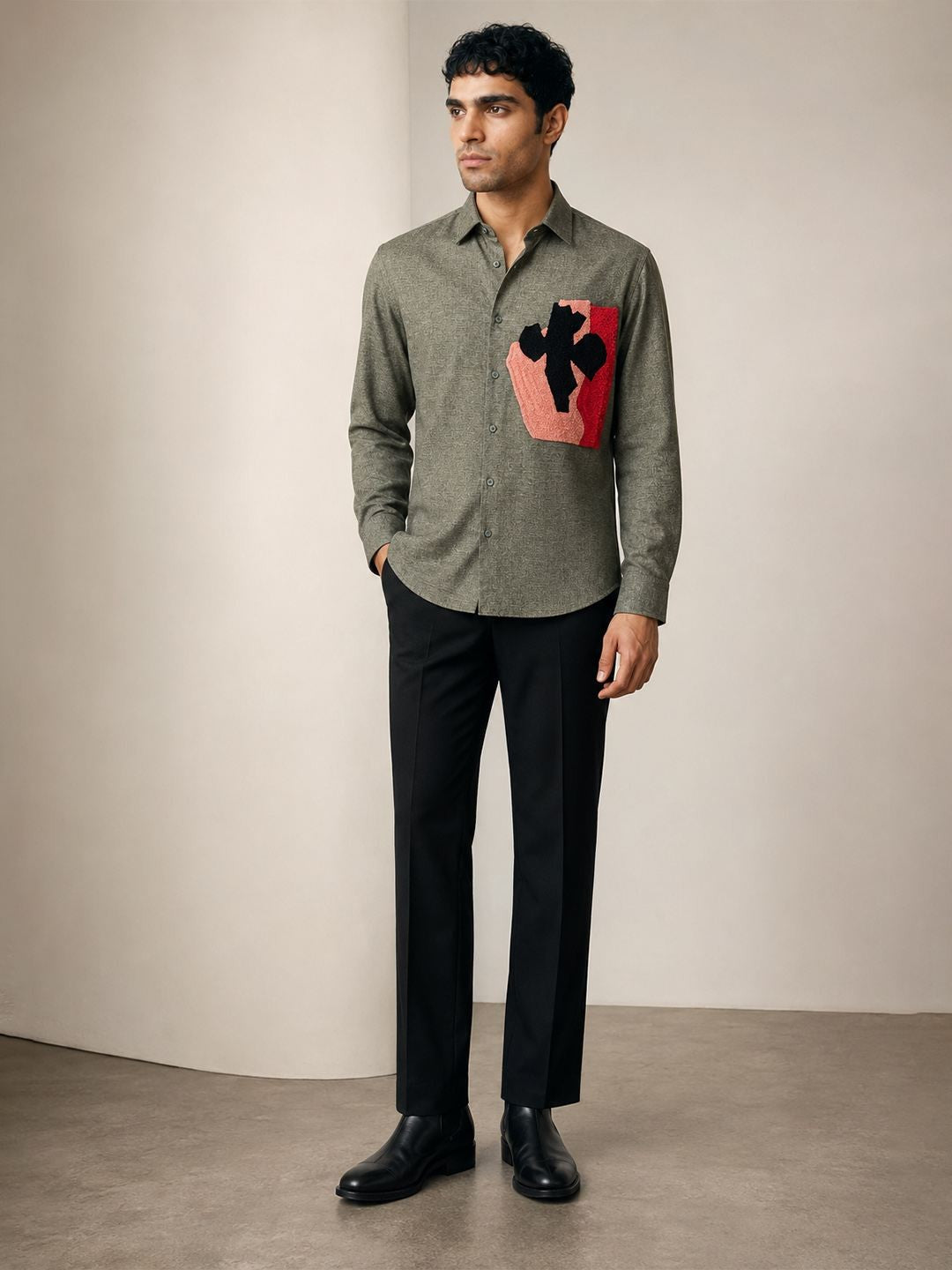 House Of Rohit Doshi Men Olive Embroidered Slim Fit Shirt
