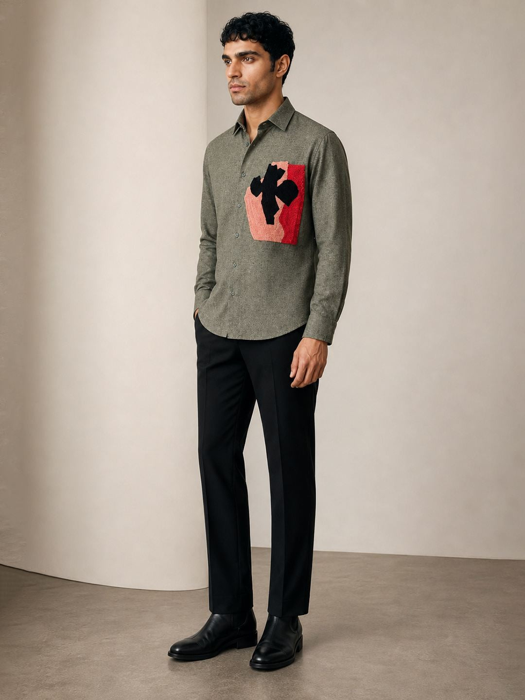 House Of Rohit Doshi Men Olive Embroidered Slim Fit Shirt