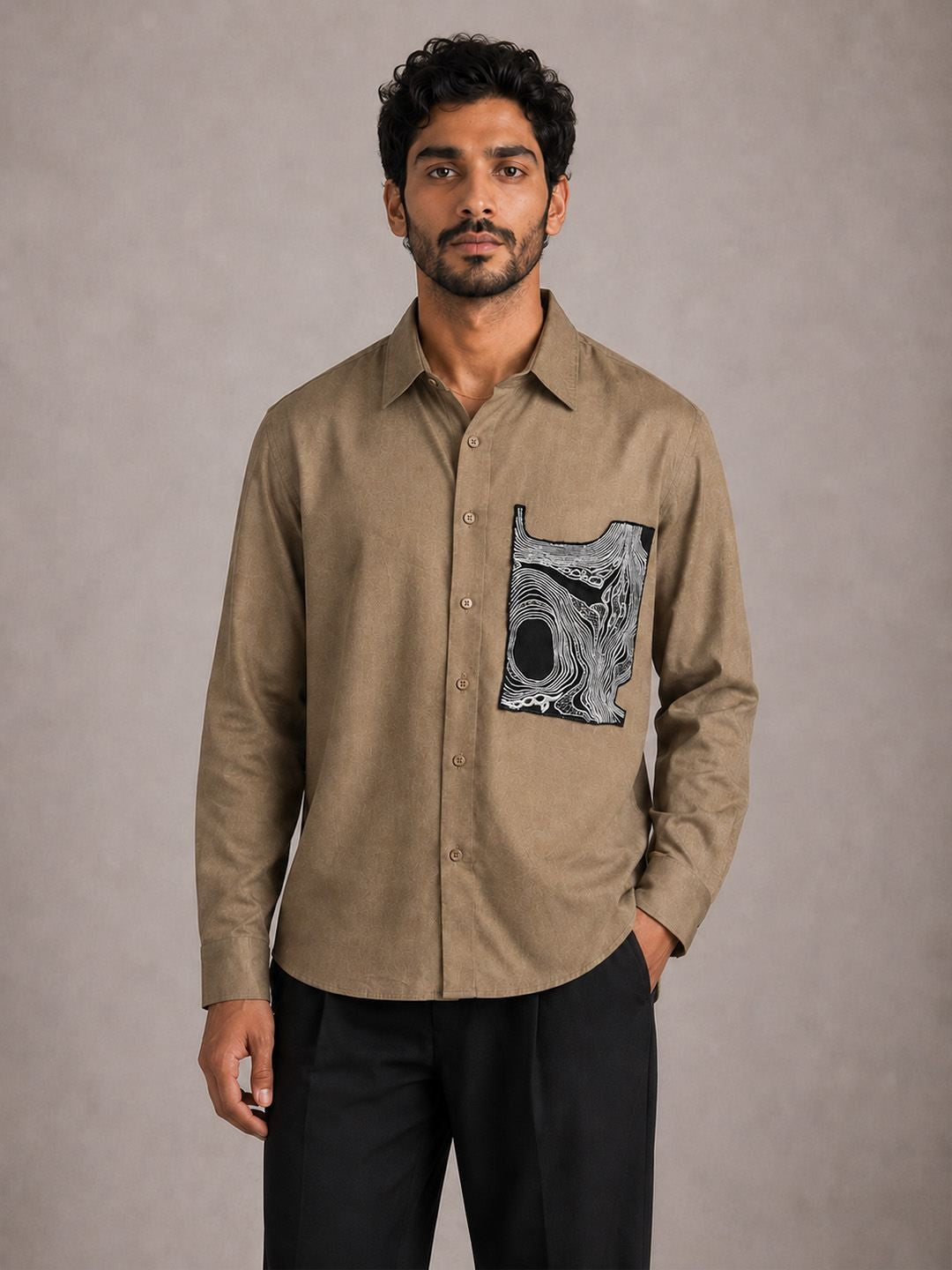 House Of Rohit Doshi Men Brown Embroidered Slim Fit Shirt