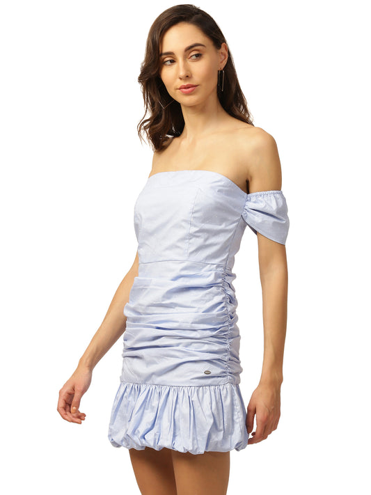 Elle Women Blue Solid Off Shoulder Dress
