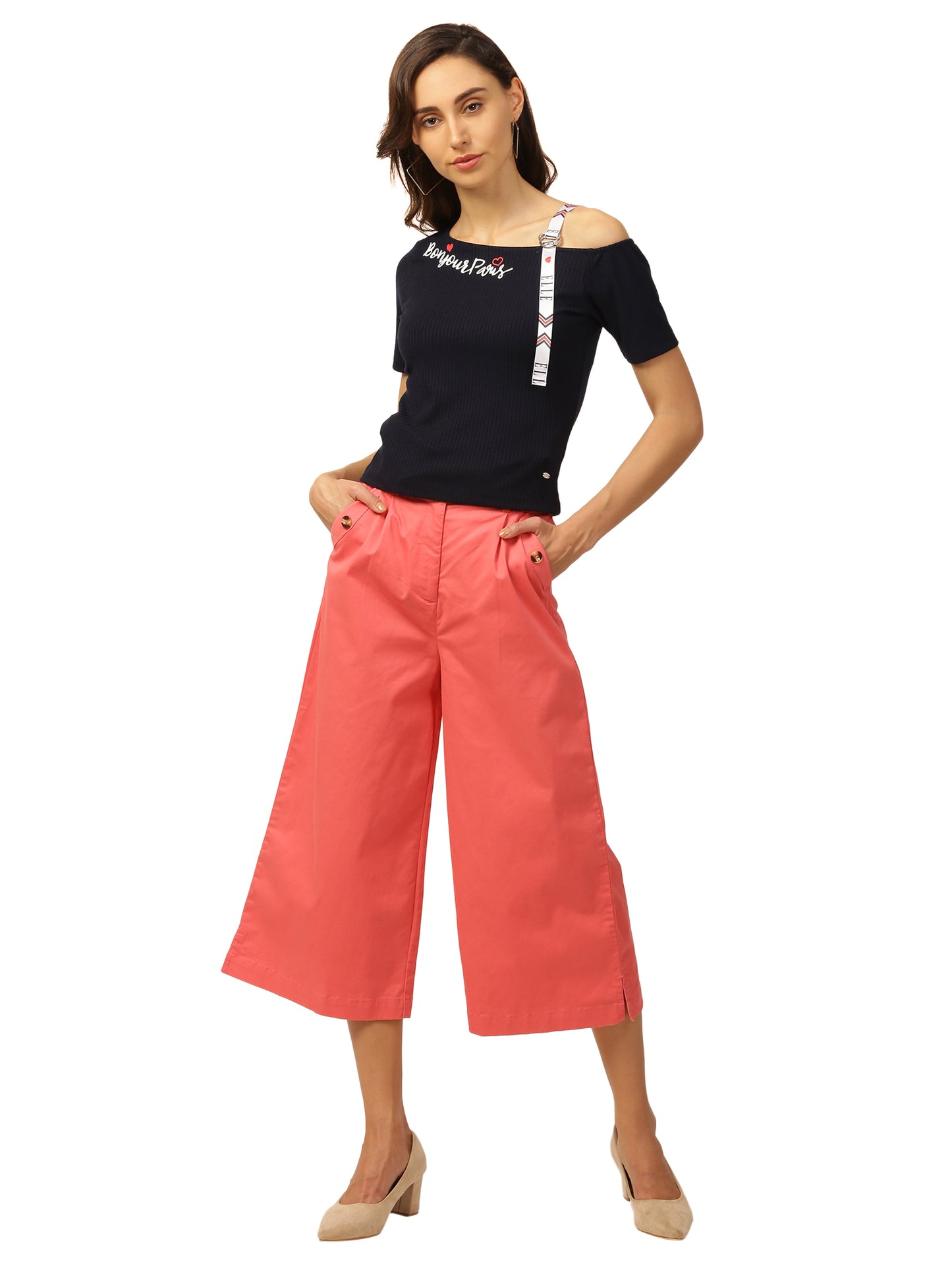 Elle Women Coral Solid Flared Fit Trouser