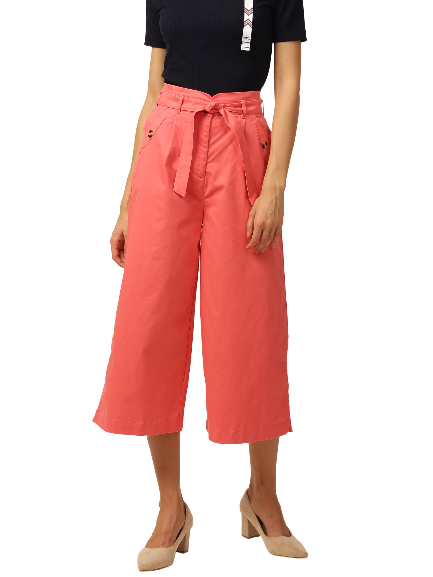Elle Women Coral Solid Flared Fit Trouser