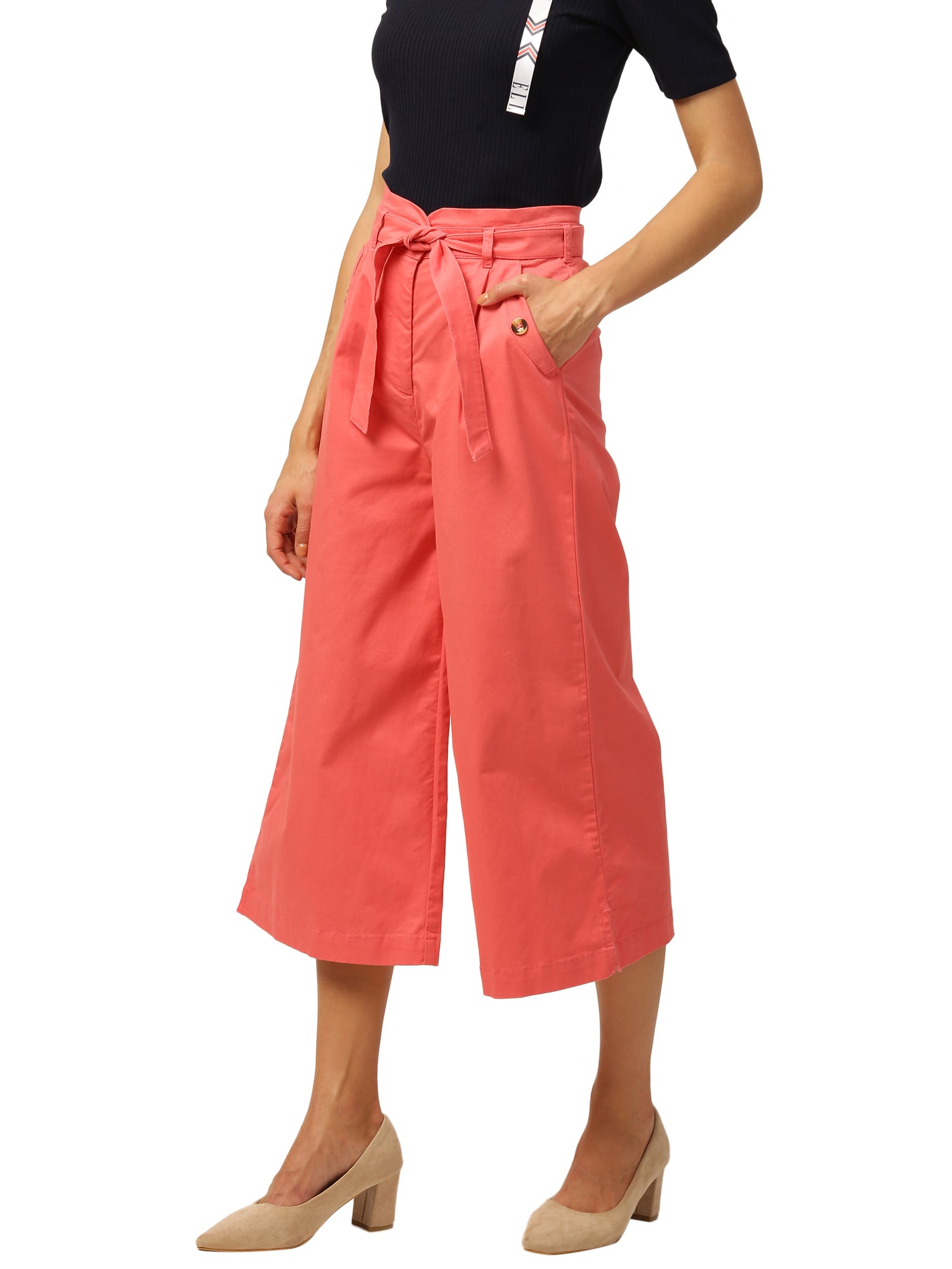Elle Women Coral Solid Flared Fit Trouser