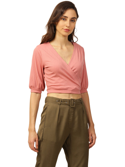 Elle Women Coral Solid Round Neck TShirt