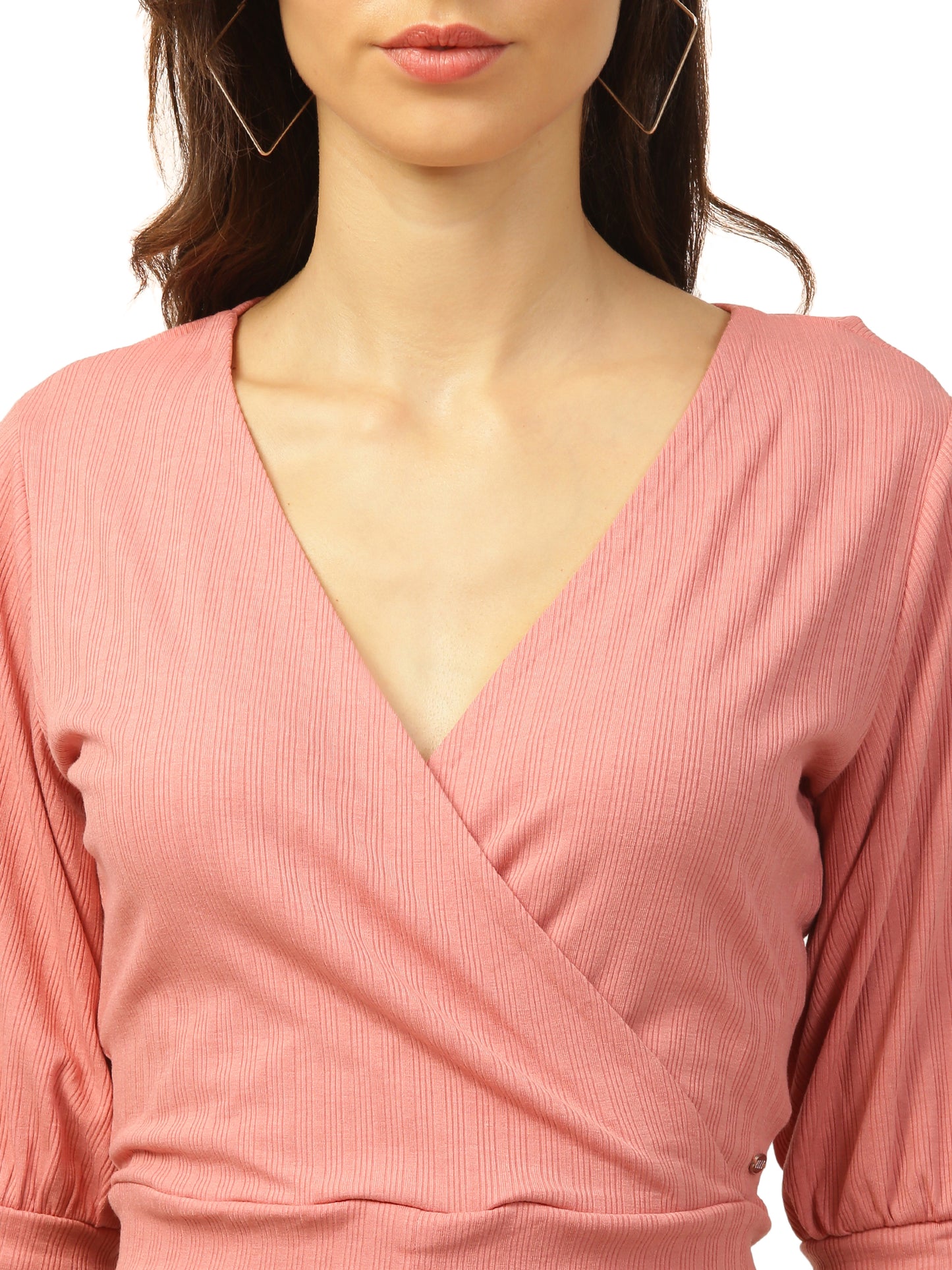 Elle Women Coral Solid Round Neck TShirt