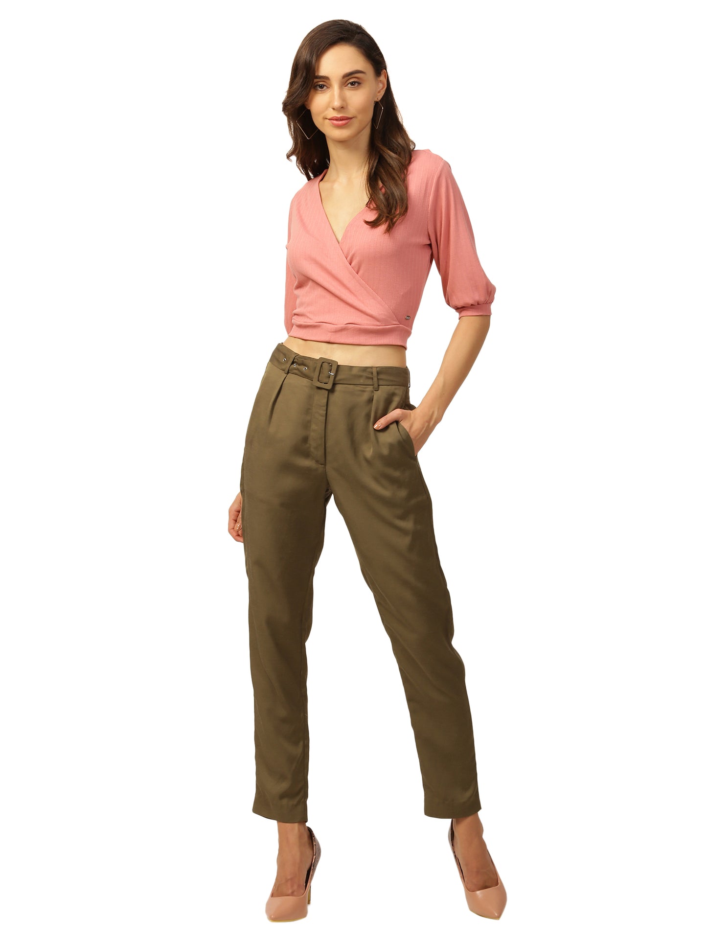 Elle Women Coral Solid Round Neck TShirt