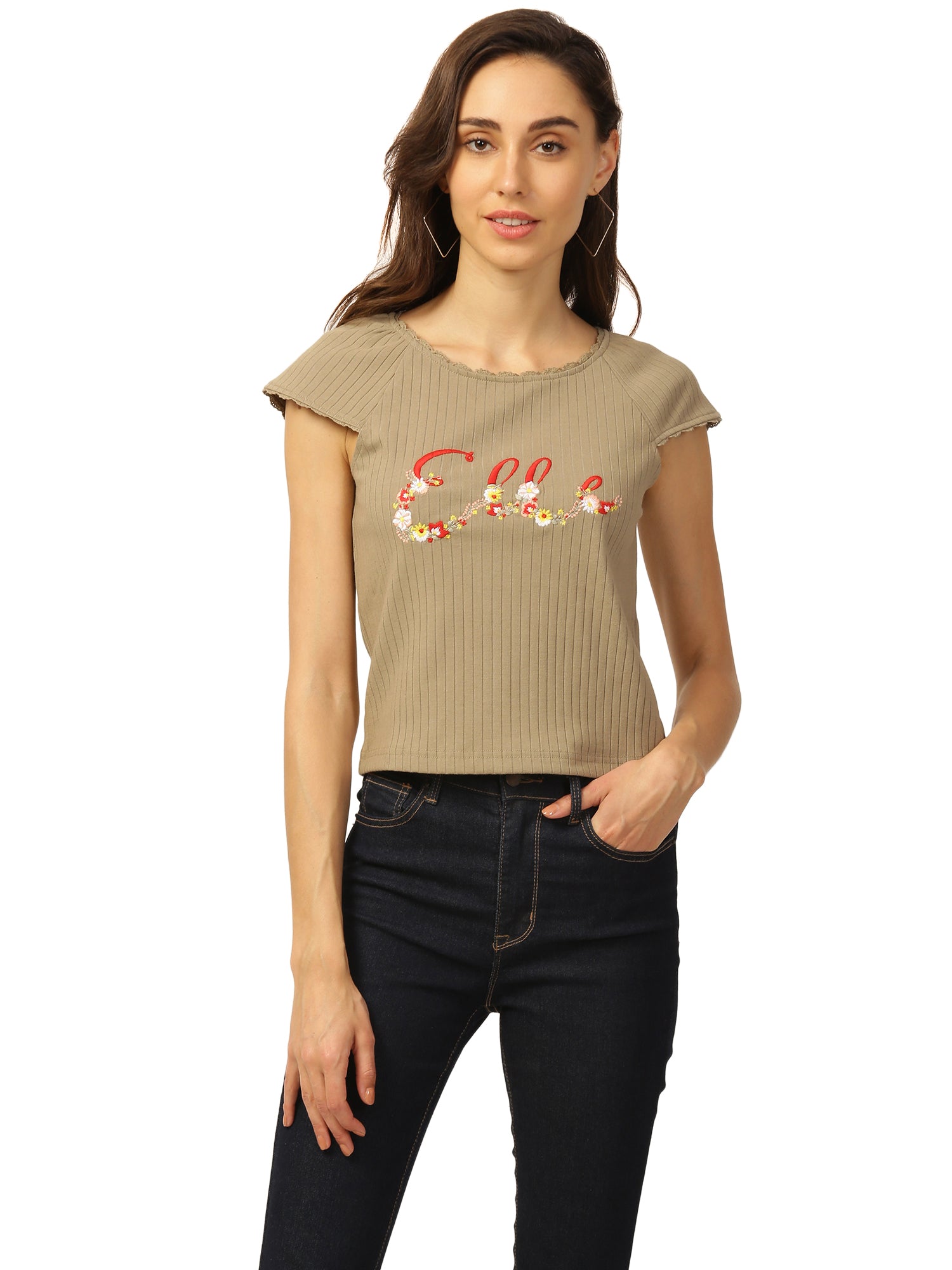 Elle Women Green Solid Round Neck TShirt