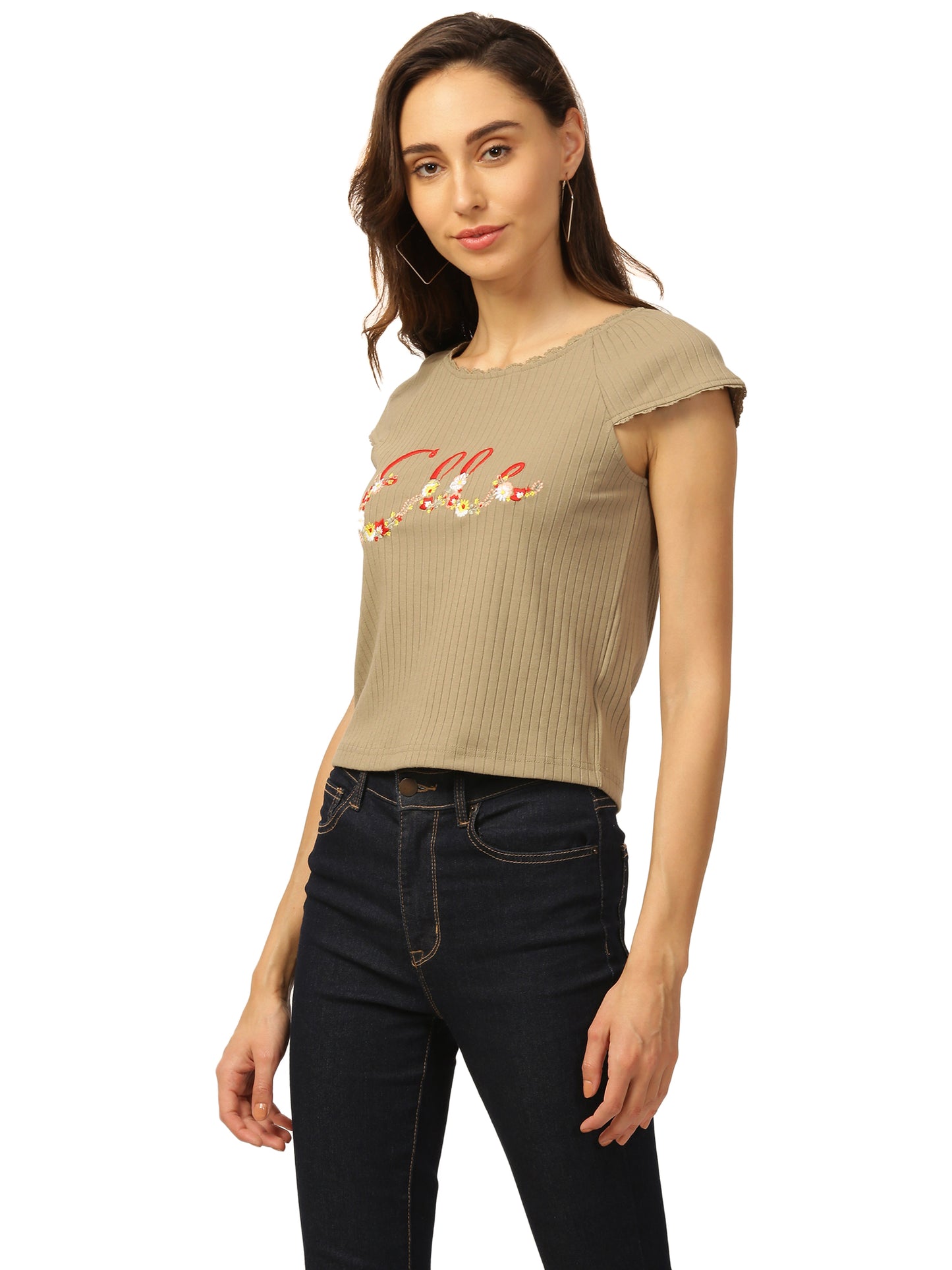 Elle Women Green Solid Round Neck TShirt