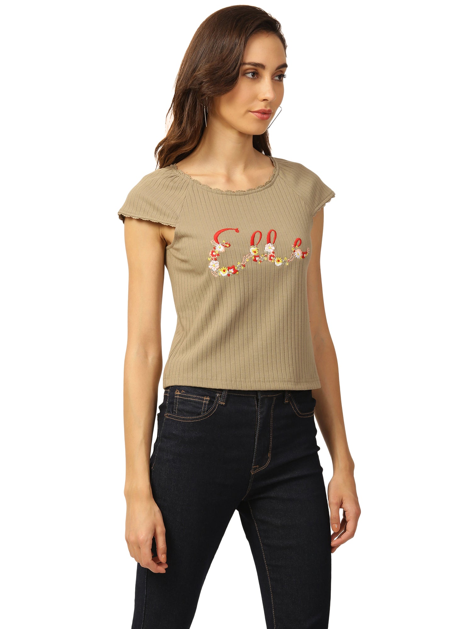 Elle Women Green Solid Round Neck TShirt