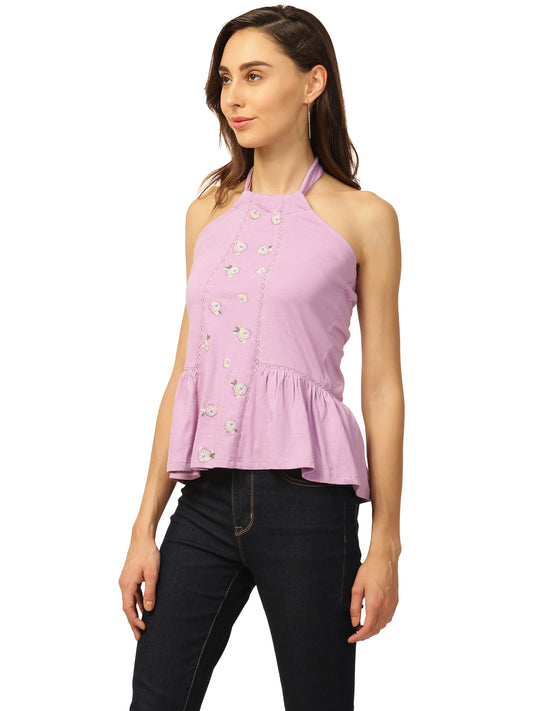 Elle Women Lilac Solid Round Neck TShirt