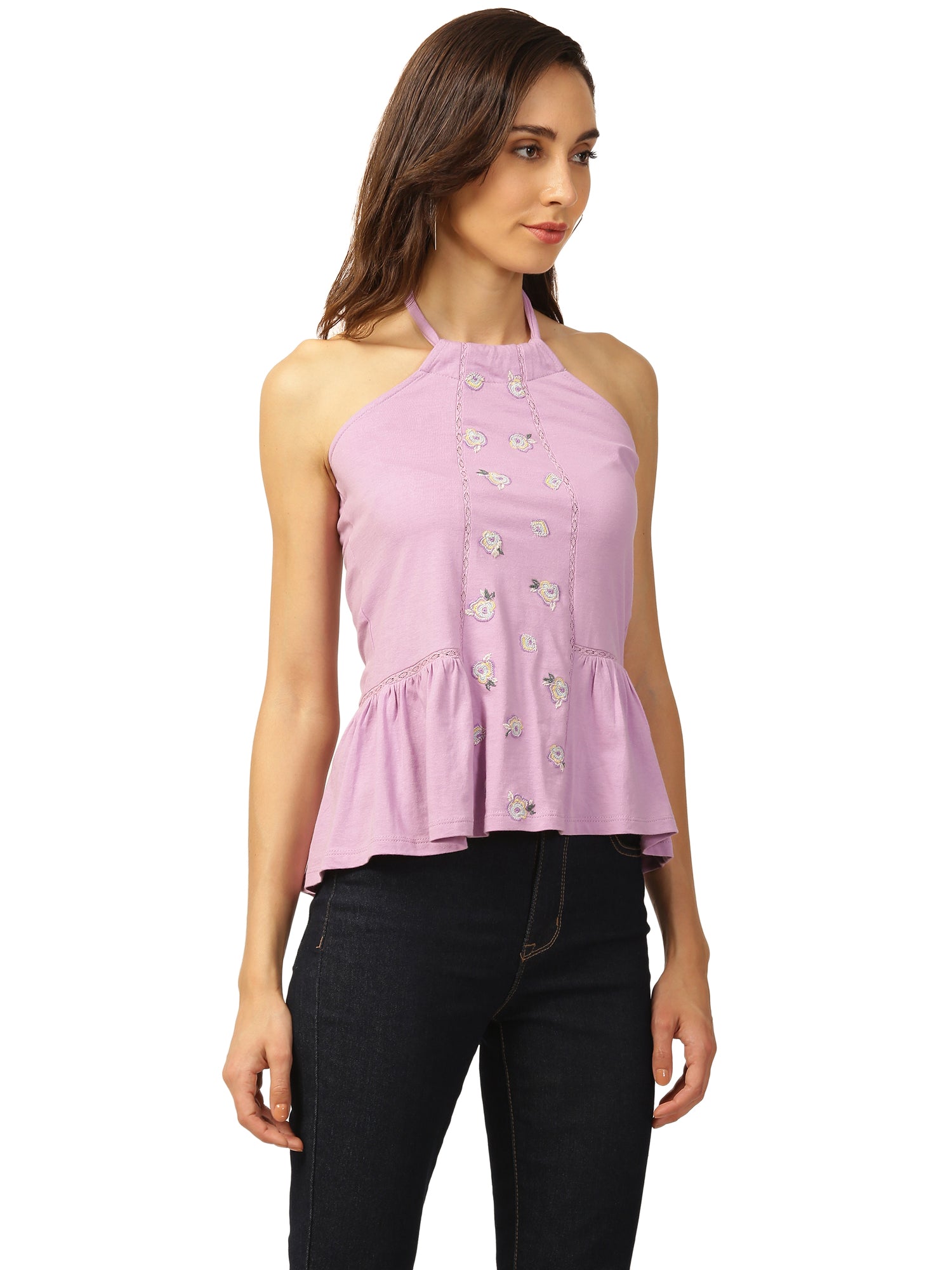 Elle Women Lilac Solid Round Neck TShirt