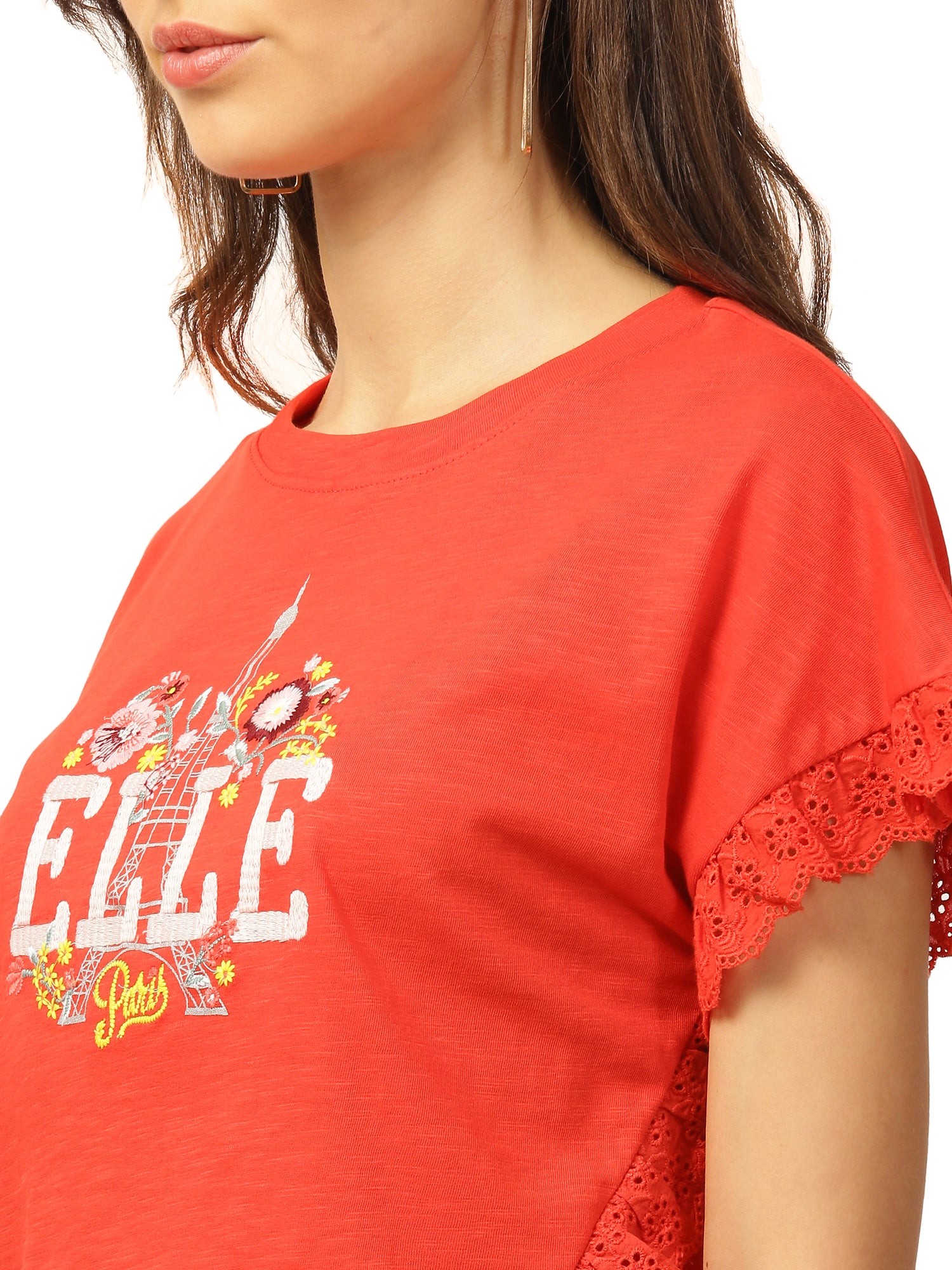 Elle Women Coral Solid Round Neck TShirt