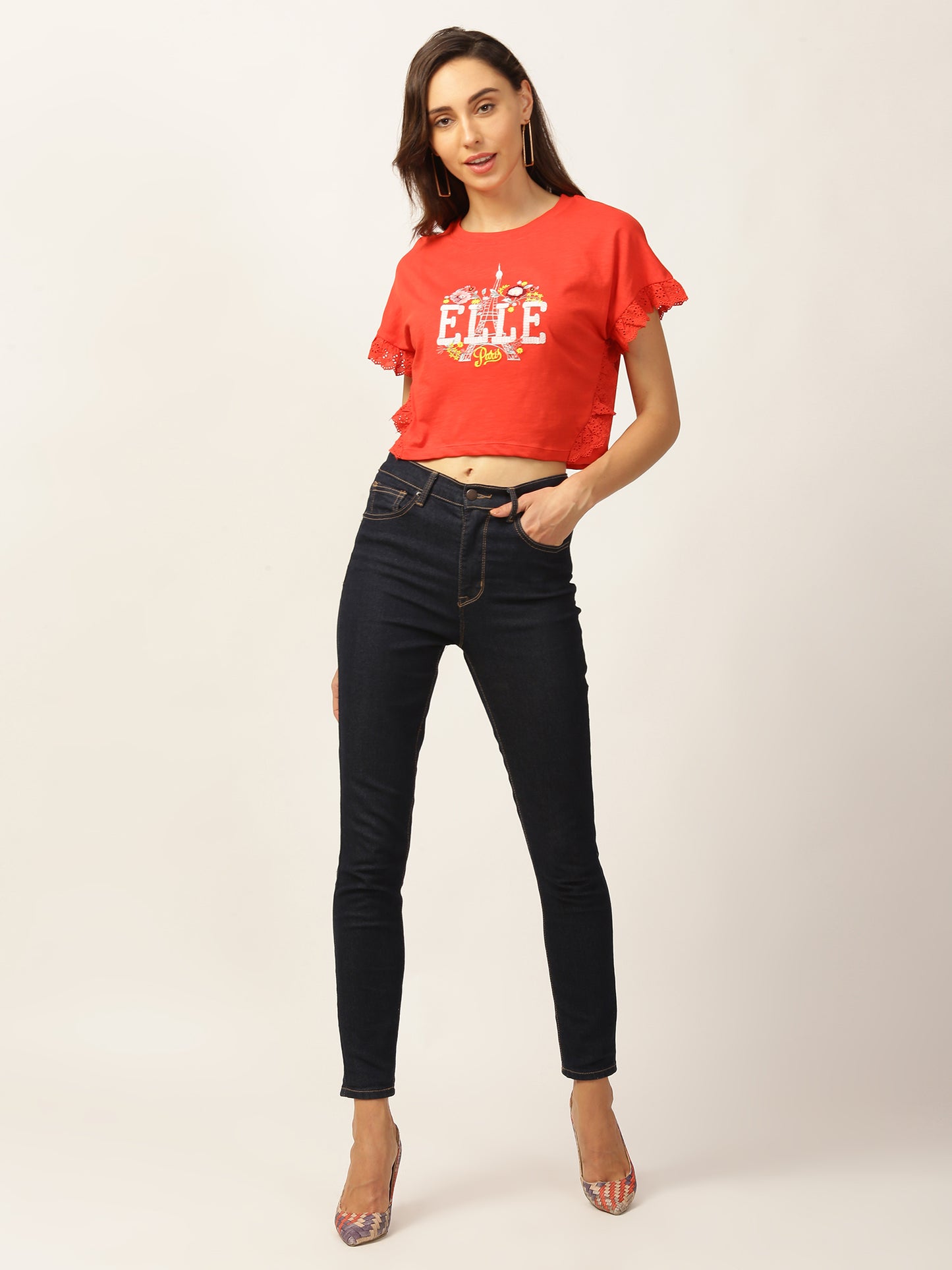 Elle Women Coral Solid Round Neck TShirt