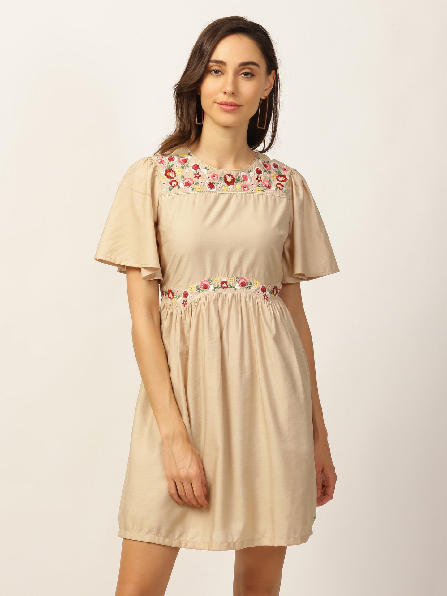 Elle Women Beige Solid Round Neck Dress