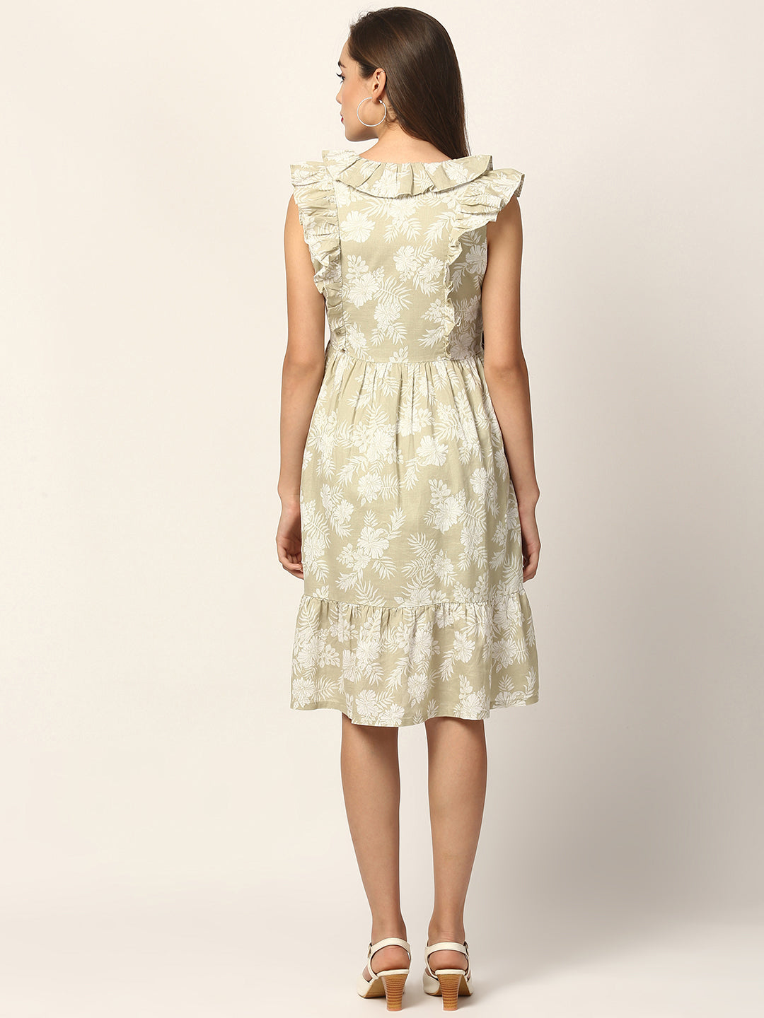 Elle Women Green Printed Round Neck Dress