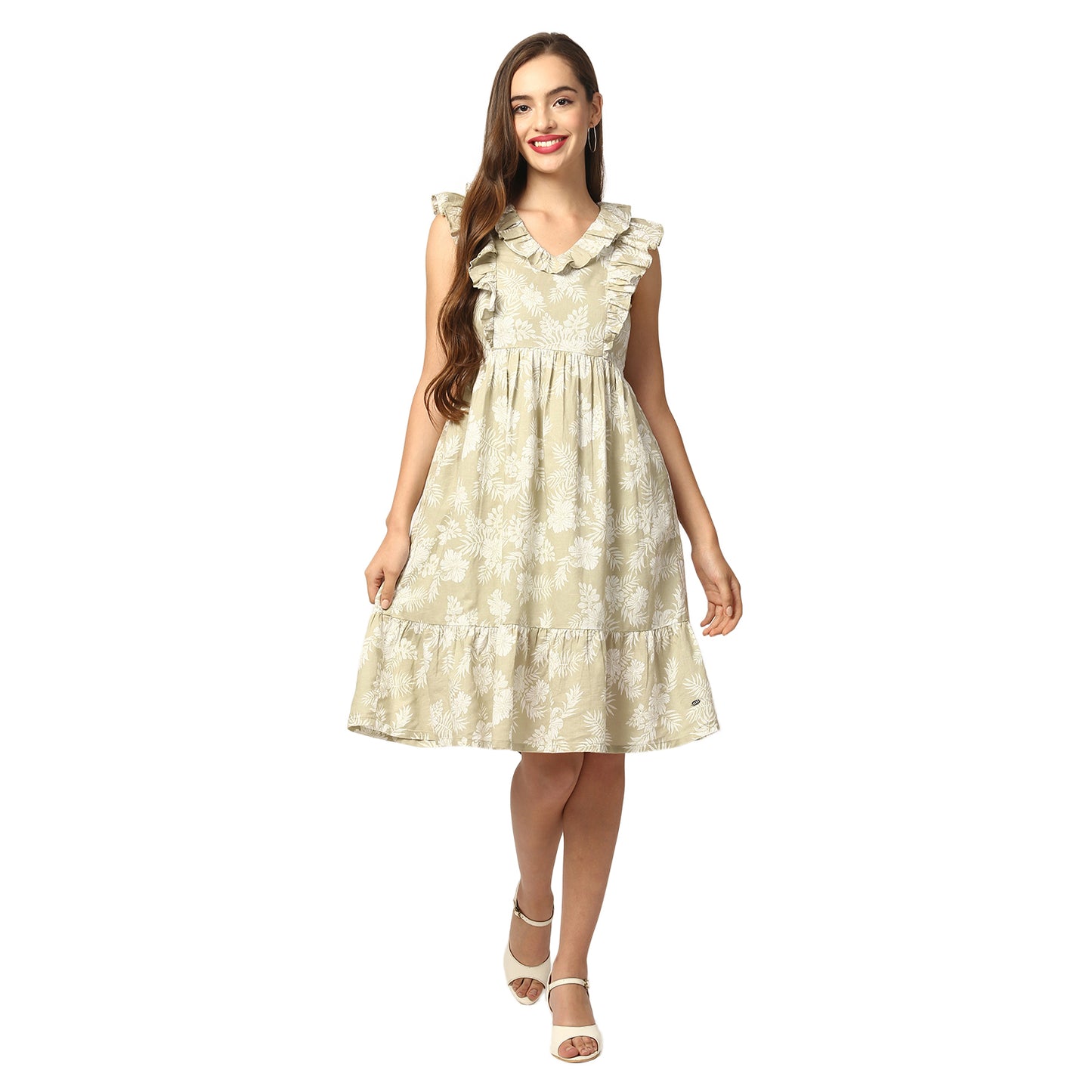 Elle Women Green Printed Round Neck Dress