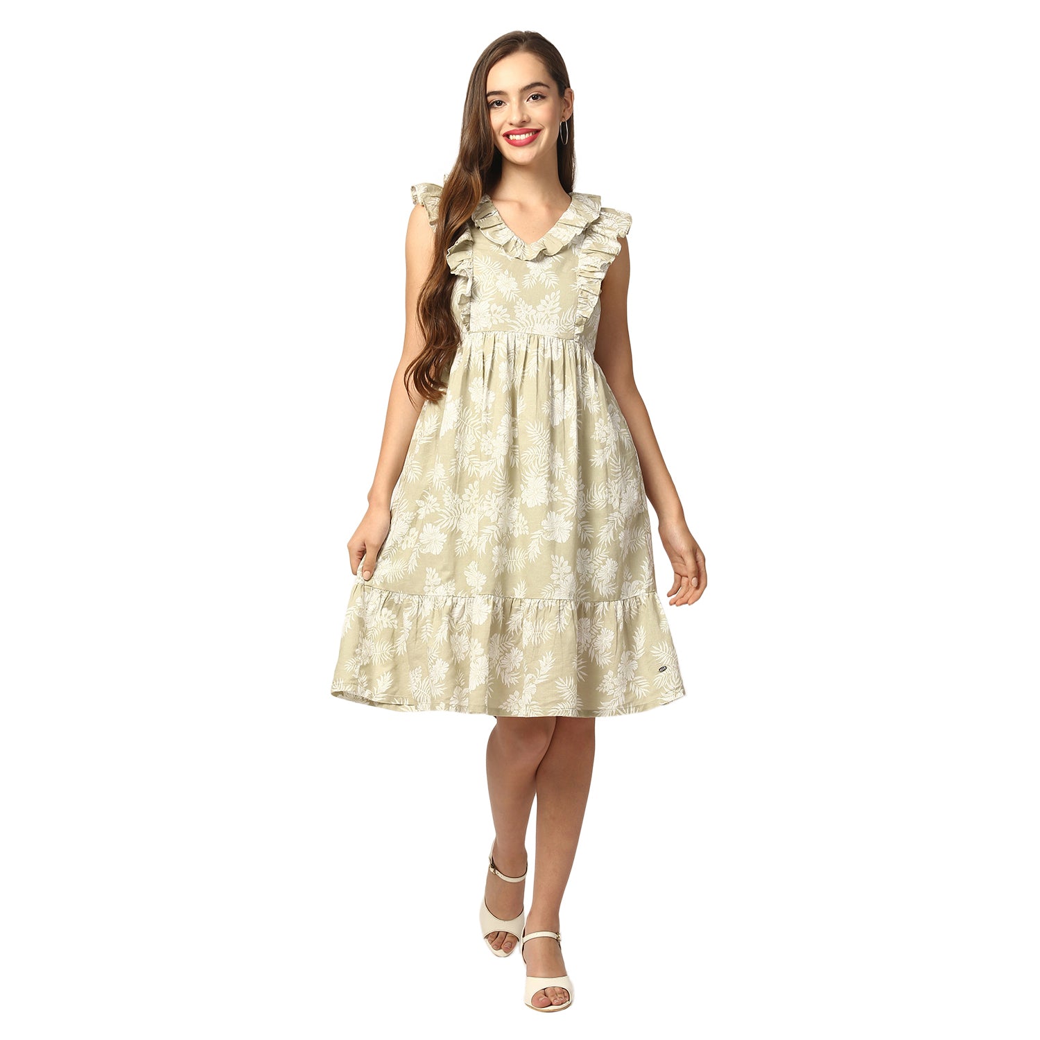 Elle Women Green Printed Round Neck Dress