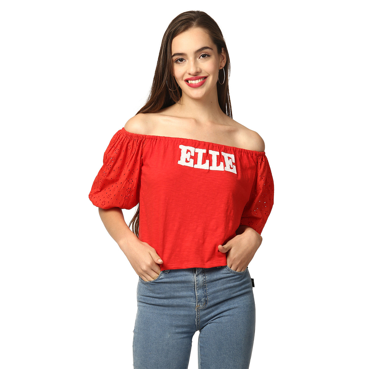 Elle Women Red Solid Round Neck TShirt