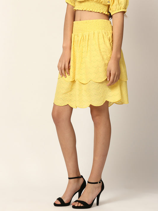 Elle Women Yellow Embroidered Regular Fit Skirt