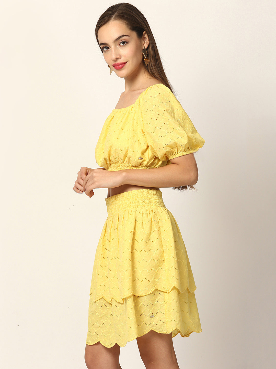 Elle Women Yellow Solid Round Neck Top