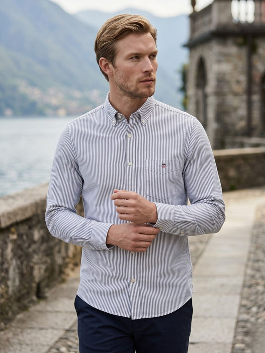 Gant Men Blue Striped Regular Fit Classic Oxford Shirt
