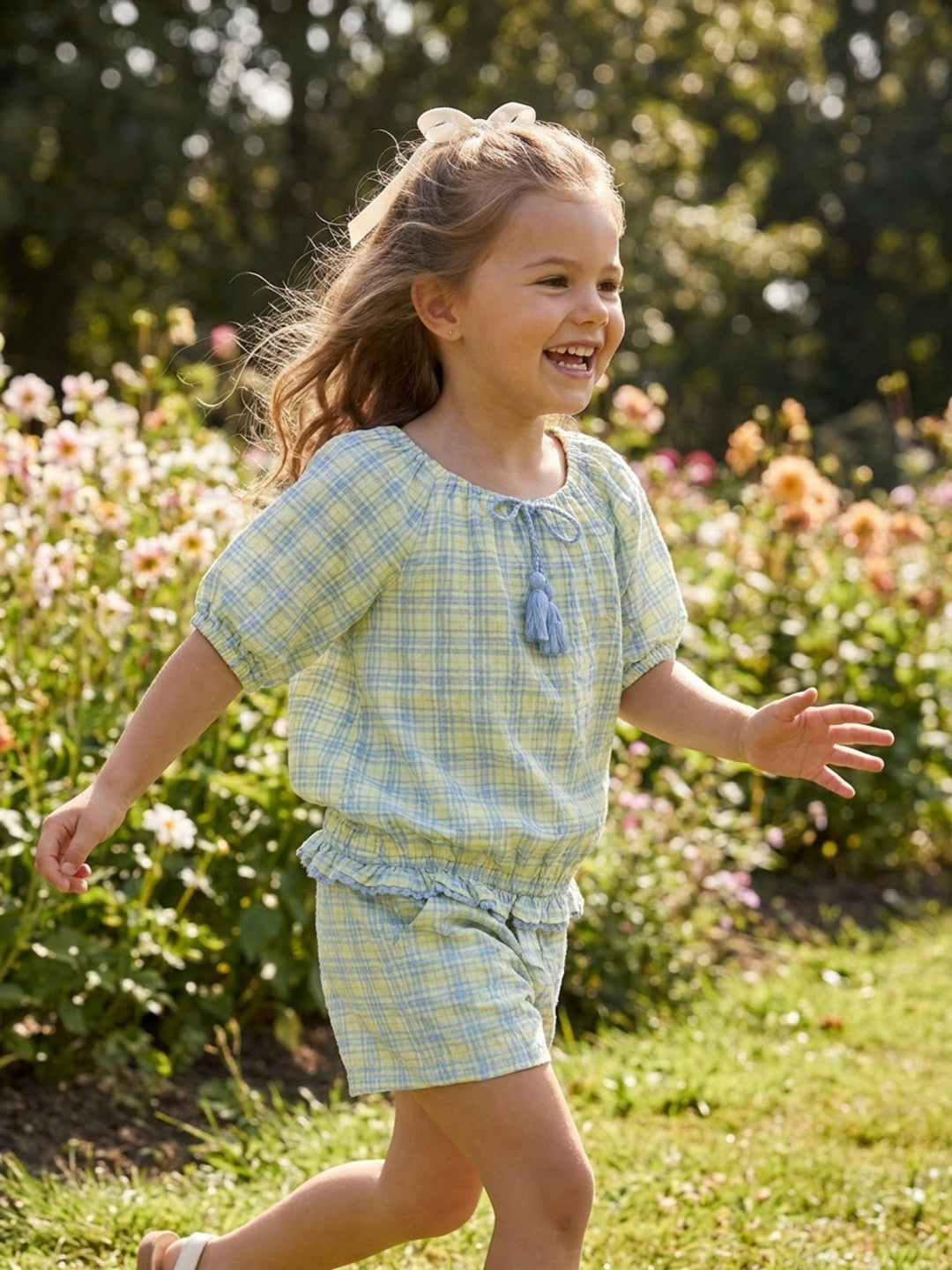 Elle Kids Girls Yellow Checked Relaxed Fit Shorts